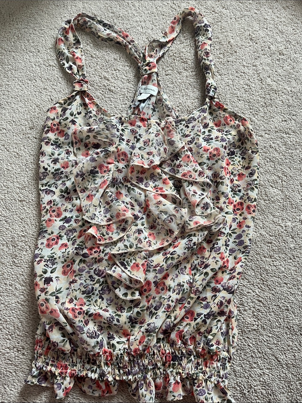 Girls Floral Ruffle One-Piece Romper in Cream with Pink and Purple Flowers